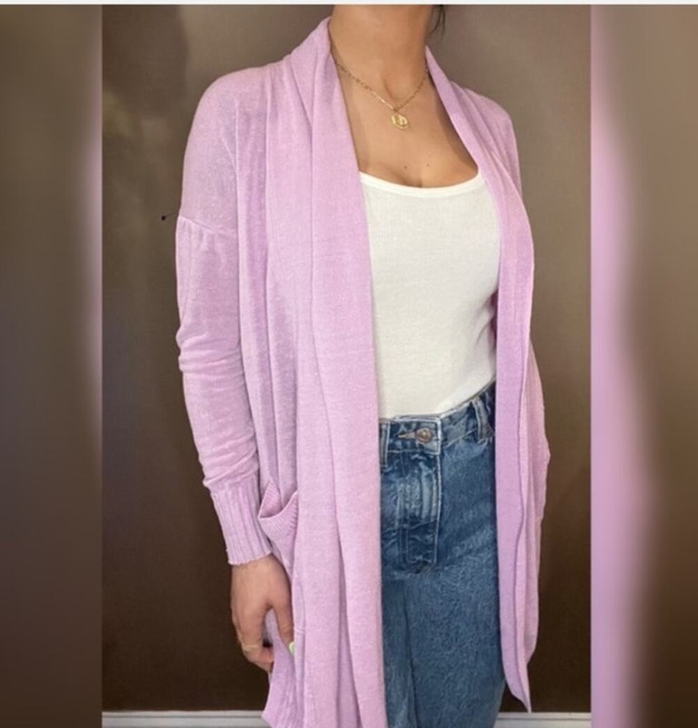 J. Crew Linen Blend Open Front Long Cardigan Sweater Womens Small Purple Layer